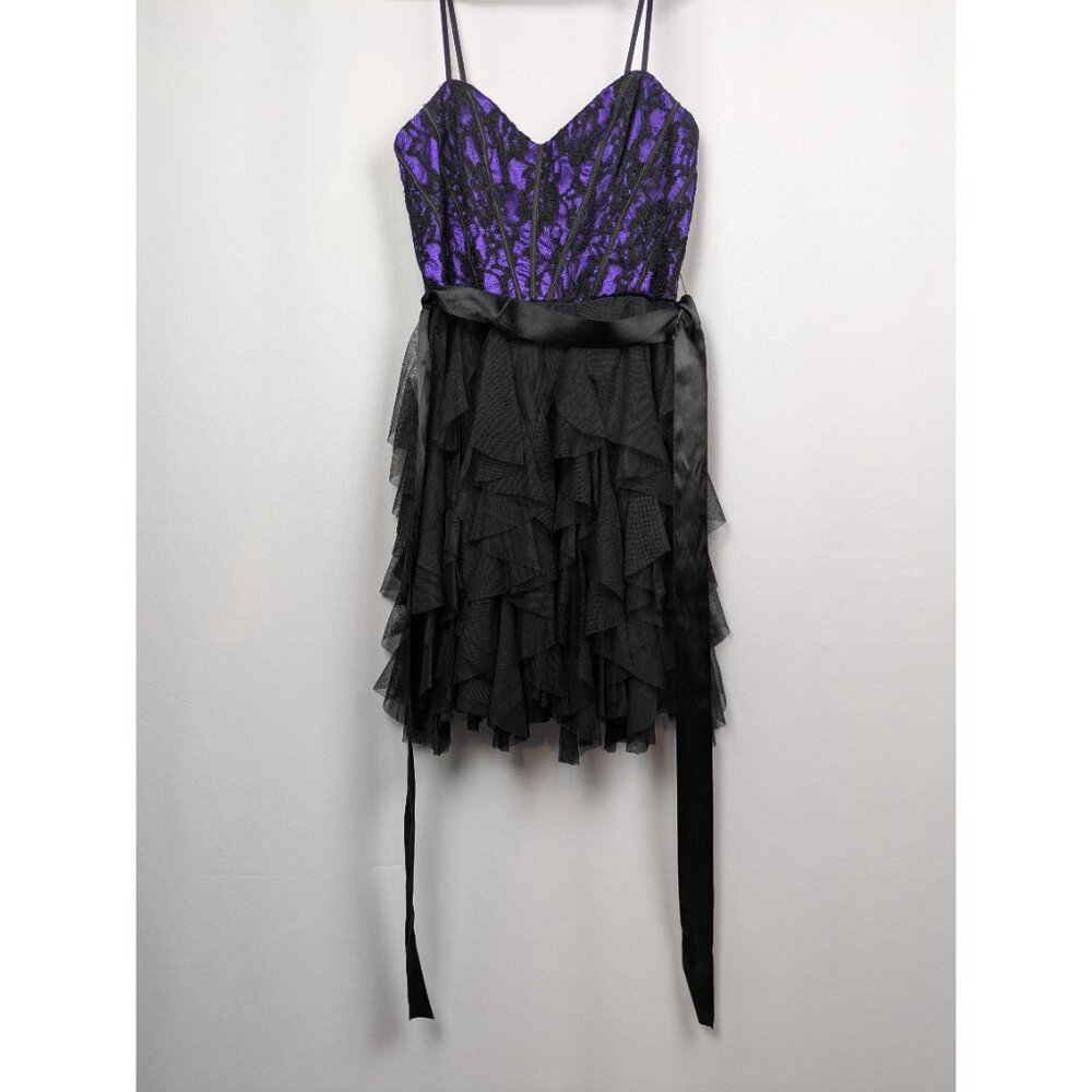 Deb Junior Size 5/6 Ruffled Black Tulle Dress with Purple Lace